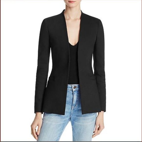 Alice + Olivia Blazer Black Open Front Collarless Jerri Hook Eye Welt Pockets XS